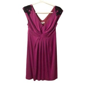 TIBI SMALL PINK SILK V NECK DRESS WITH BLACK BEADED SHOULDER APPLIQUES